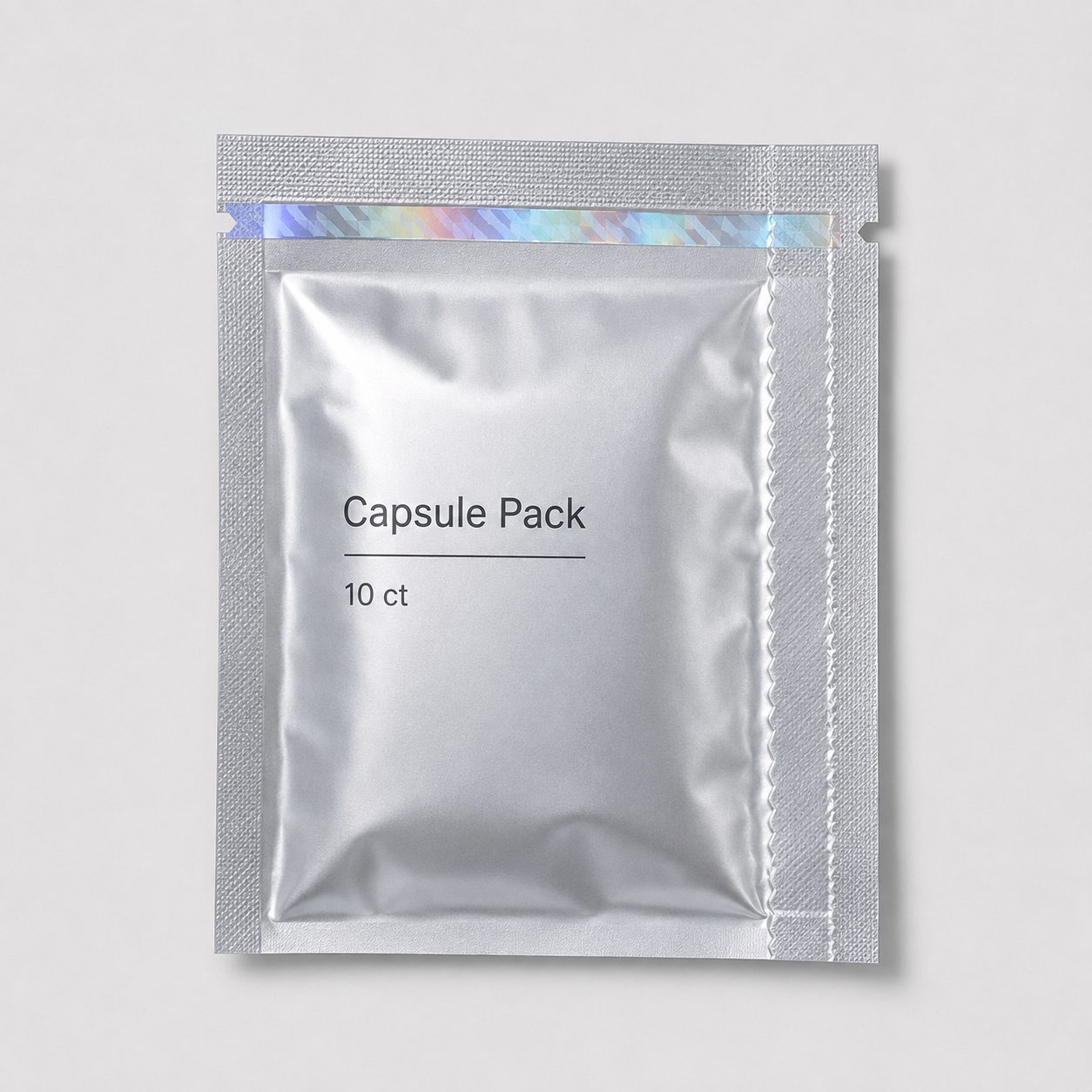 Capsule pack flat sachet with holographic strip, tear notch, and generic 10 ct label