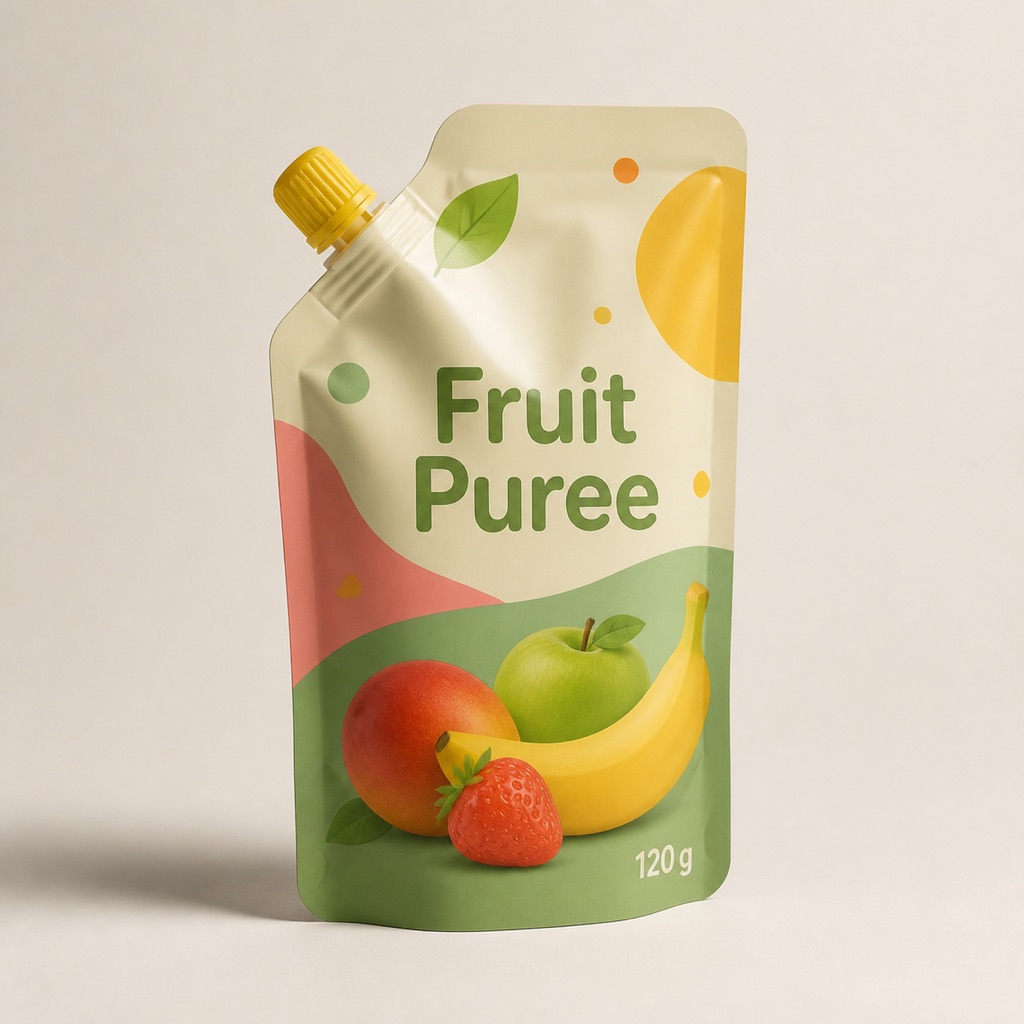 Fruit puree spout pouch with cap and generic 120 g printed artwork