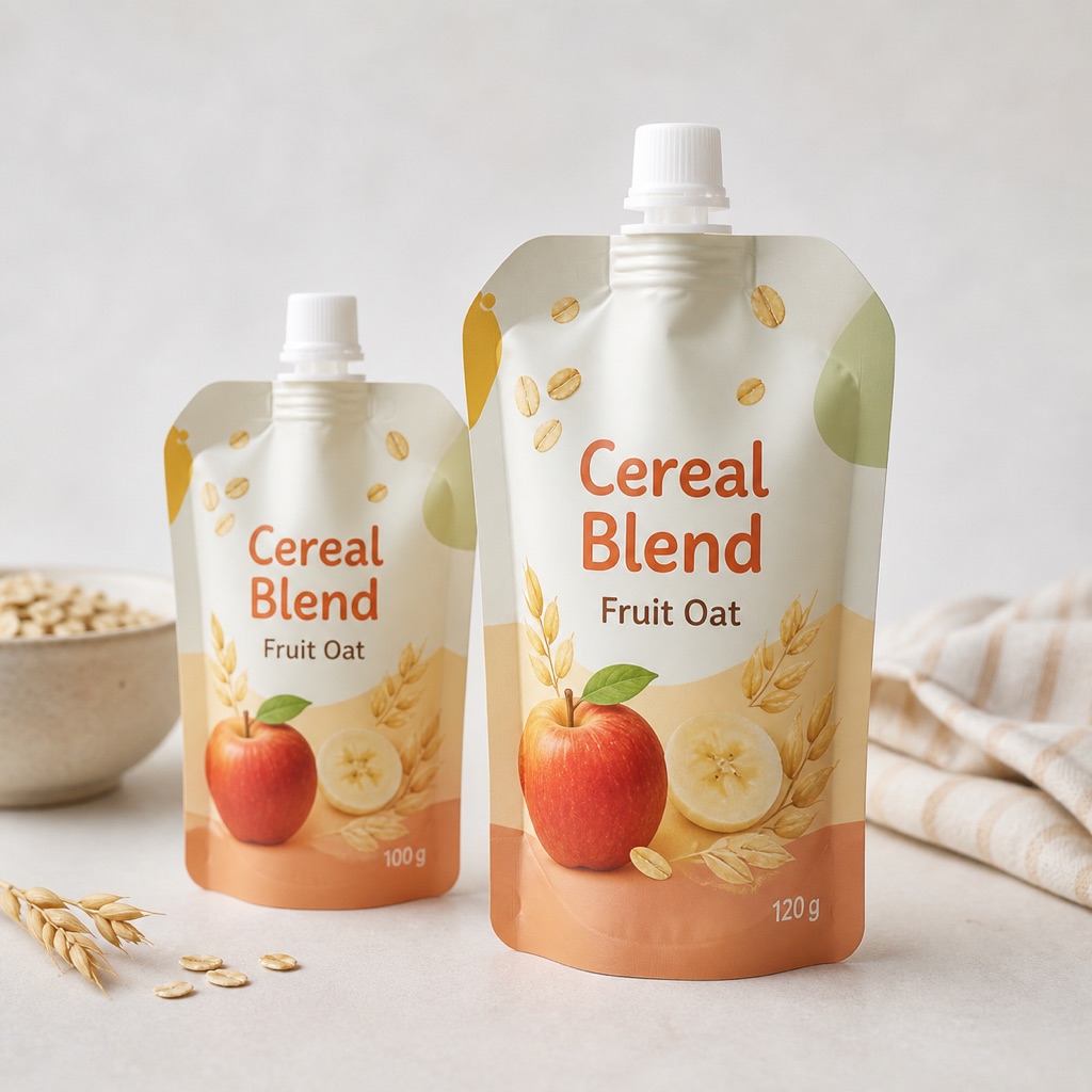 Cereal blend baby food spout pouches with fruit oat artwork and capacity marks