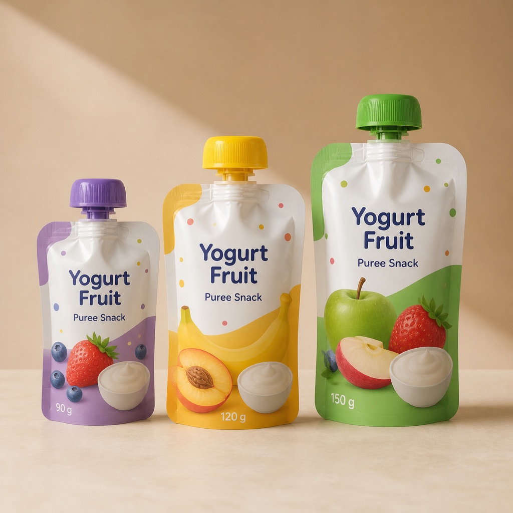 Yogurt fruit puree spout pouches in 90 g, 120 g, and 150 g capacities