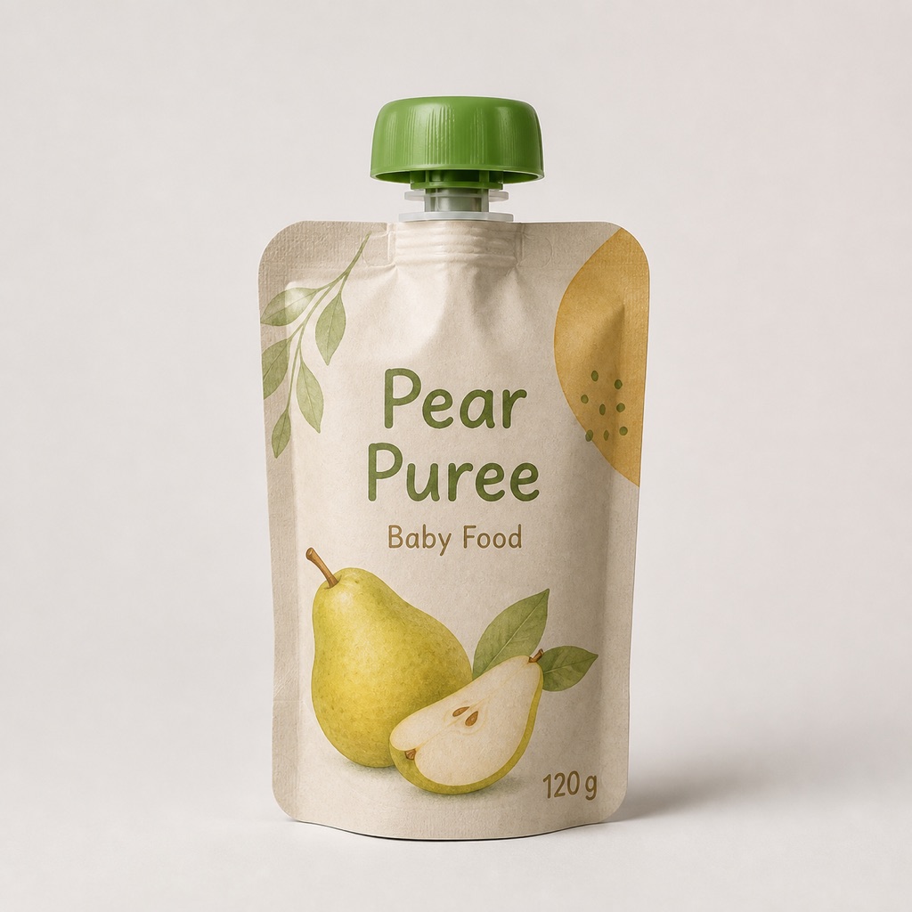 Paper-look pear puree baby food spout pouch with green cap and 120 g mark