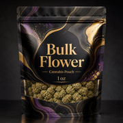 Large custom printed bulk flower cannabis pouch labeled Bulk Flower and 1 oz for packaging review