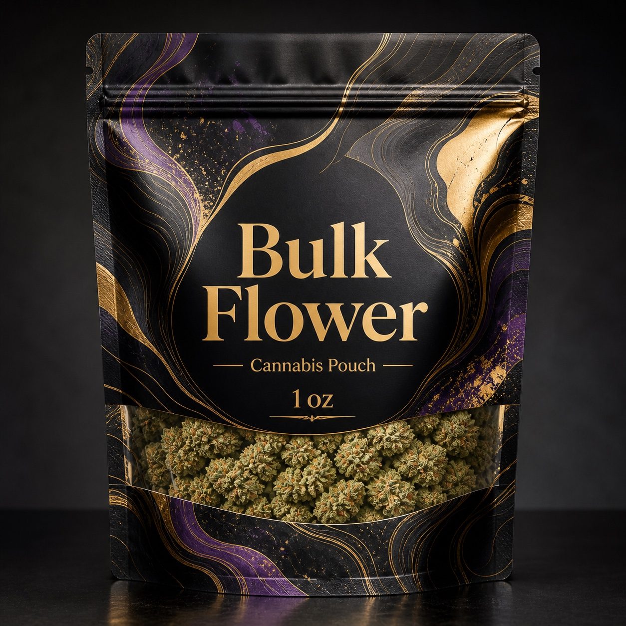 Large custom printed bulk flower cannabis pouch labeled Bulk Flower and 1 oz for packaging review