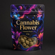 Custom printed cannabis flower pouch labeled Cannabis Flower and 3.5g for packaging review