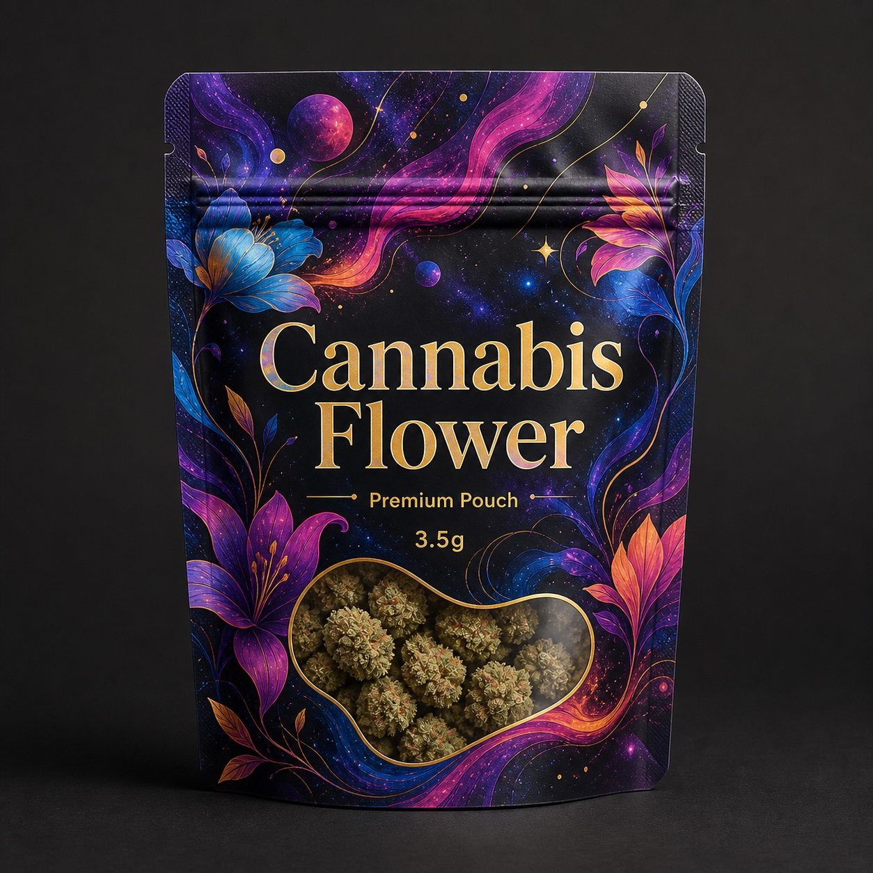 Custom printed cannabis flower pouch labeled Cannabis Flower and 3.5g for packaging review