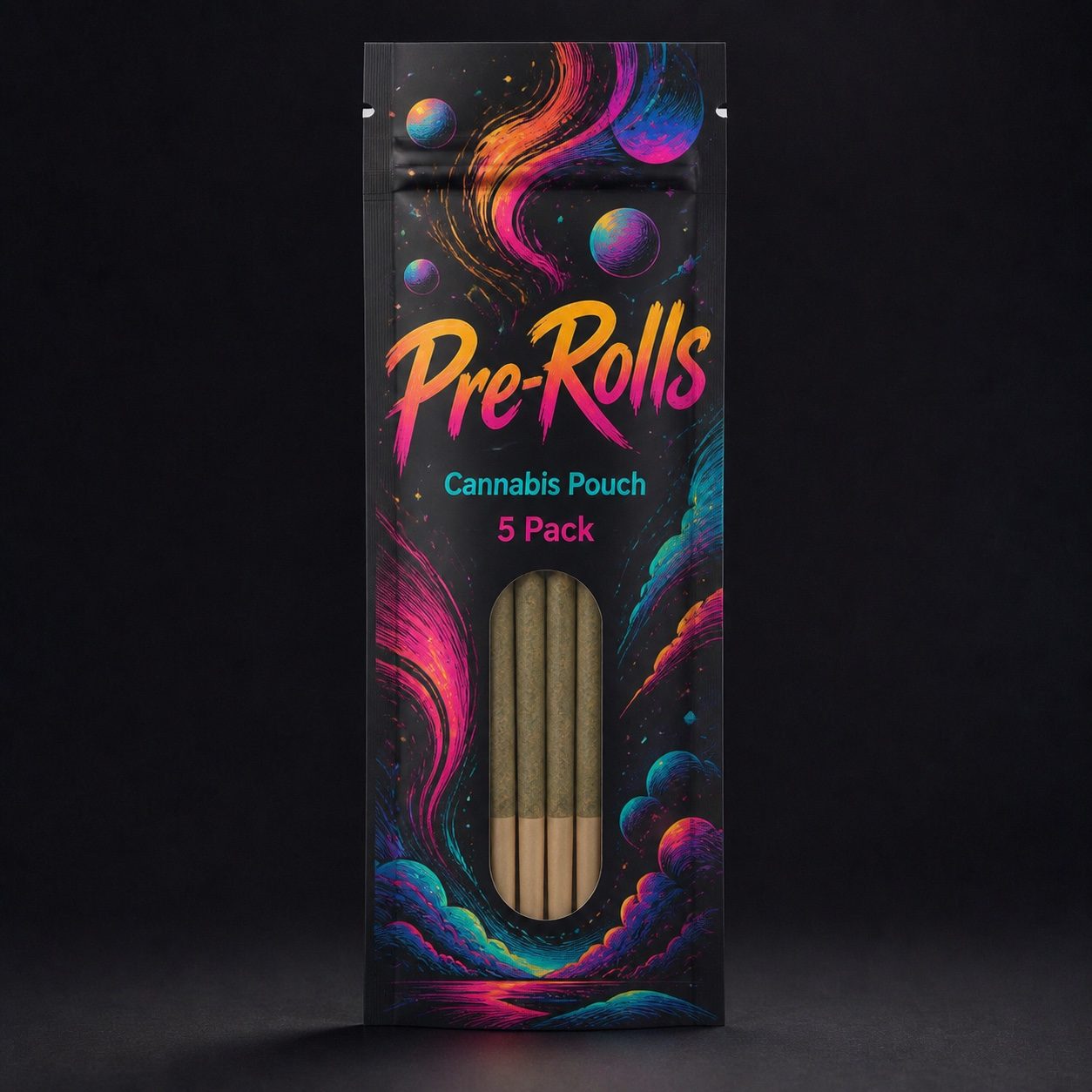 Slim custom printed pre-roll cannabis pouch labeled Pre-Rolls and 5 Pack for packaging review