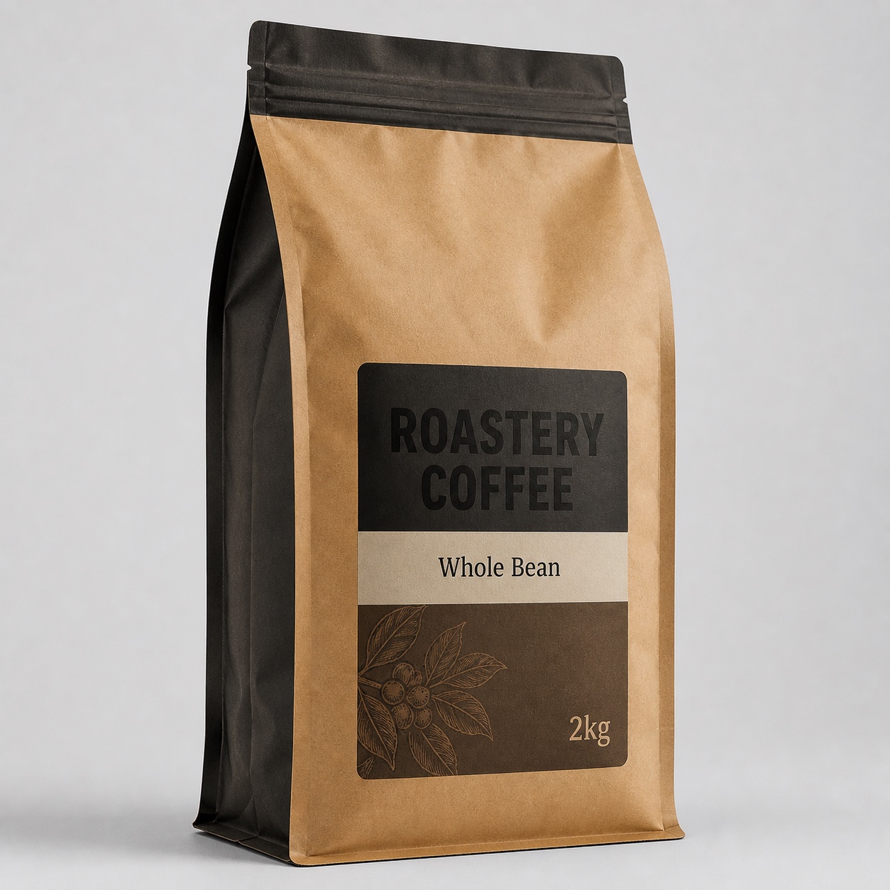 Large kraft and black printed coffee pouch for roastery whole bean packaging with visible side volume