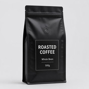 Black printed flat bottom coffee pouch with valve, zipper track, and generic roasted coffee label