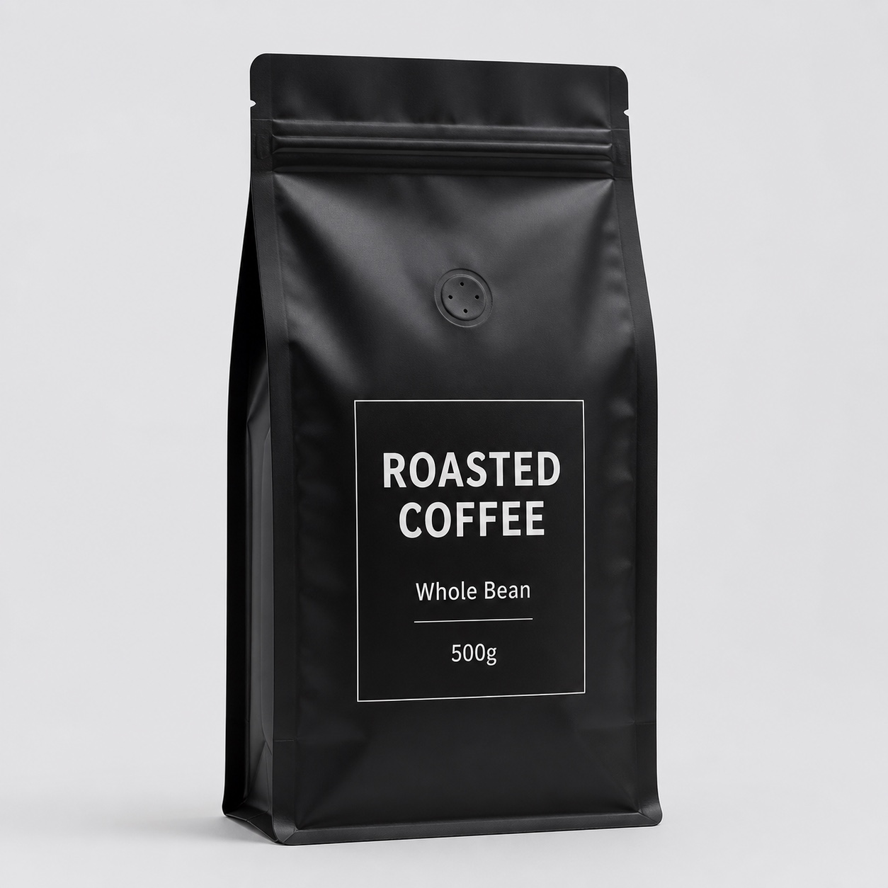 Black printed flat bottom coffee pouch with valve, zipper track, and generic roasted coffee label