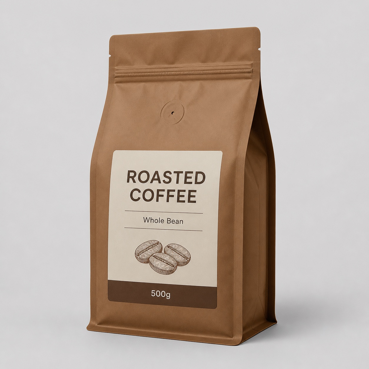 Warm brown printed coffee pouch with generic roasted coffee label, valve, zipper track, and box bottom base