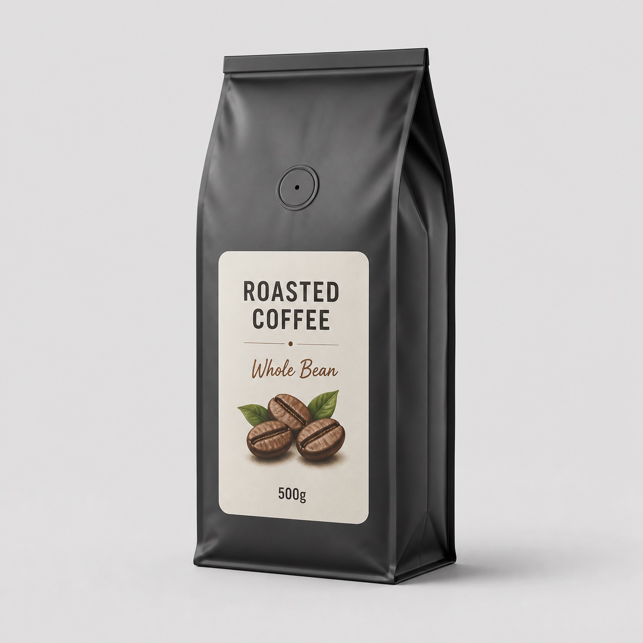 Charcoal coffee pouch with valve and generic roasted coffee label for debranded case-card display