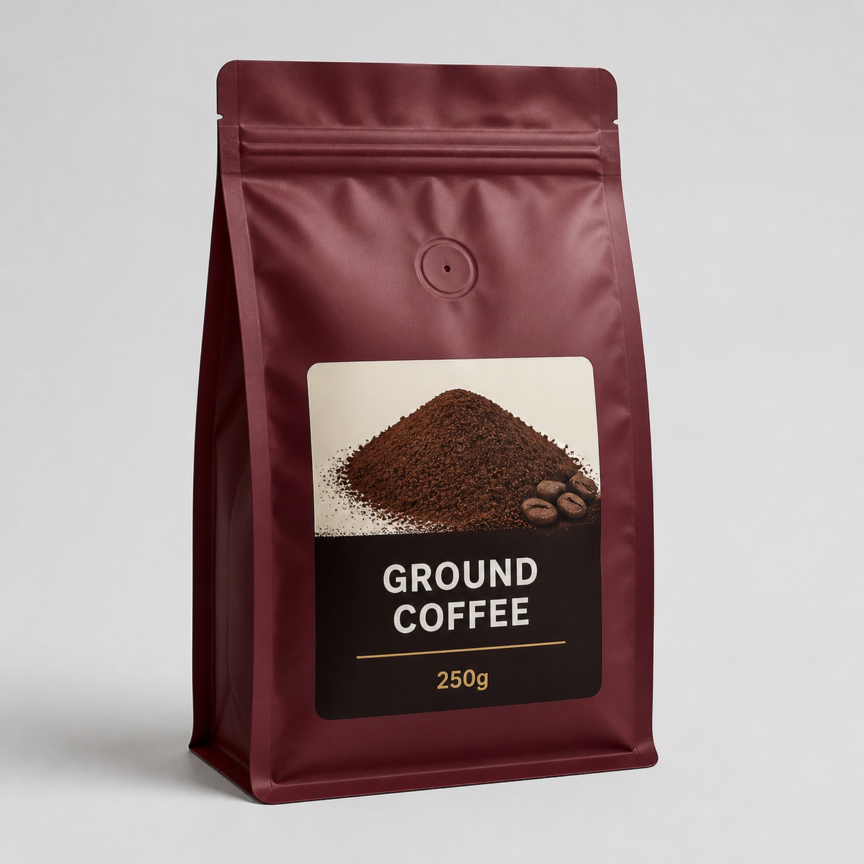 Burgundy ground coffee pouch with generic 250g print and finished retail product presentation
