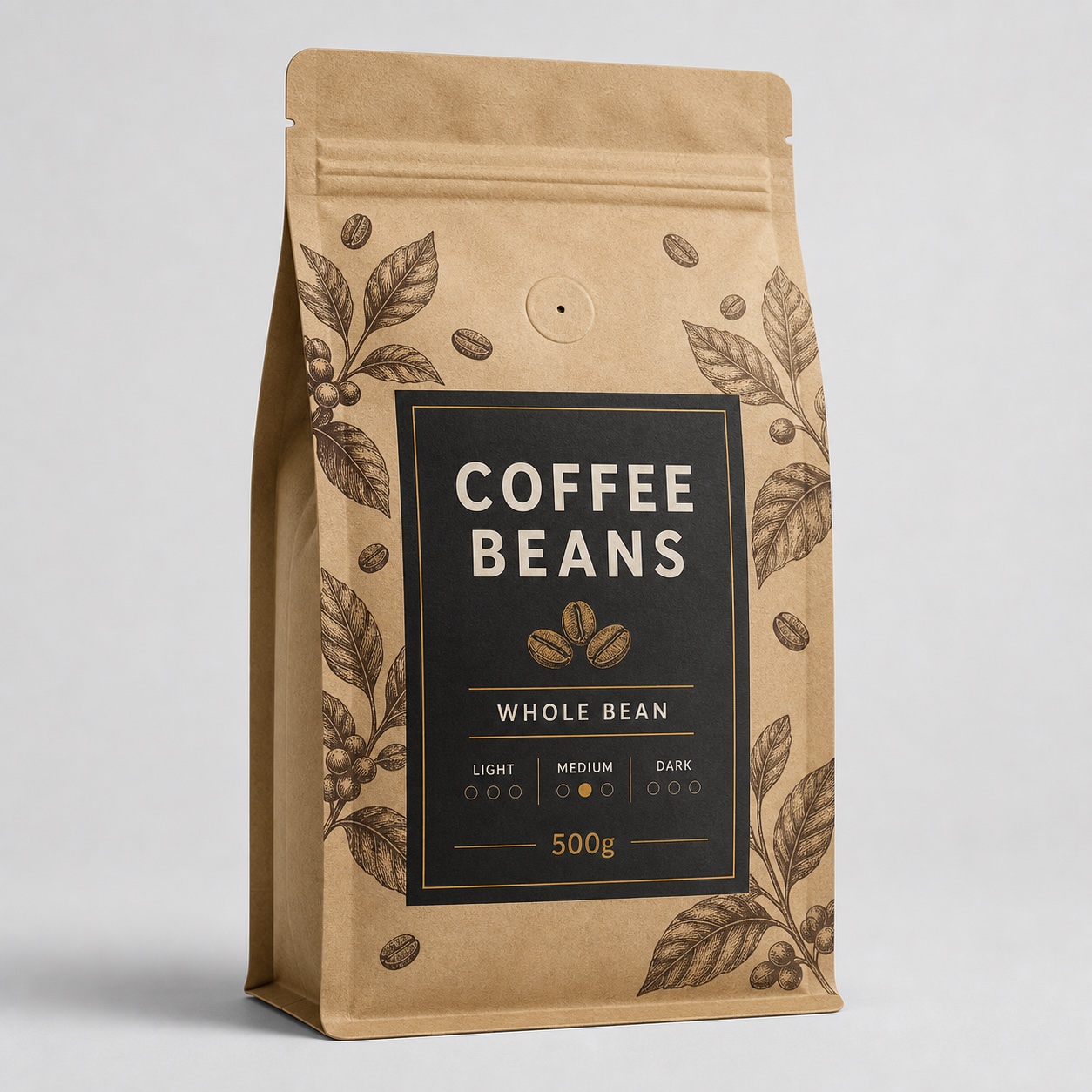 Kraft flat-bottom coffee beans pouch with valve, broad box-bottom base, botanical coffee pattern, and 500g label