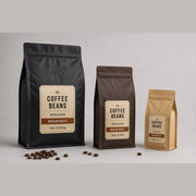 Three coffee pouches in different fill weights with valves and dual metric and US capacity labels