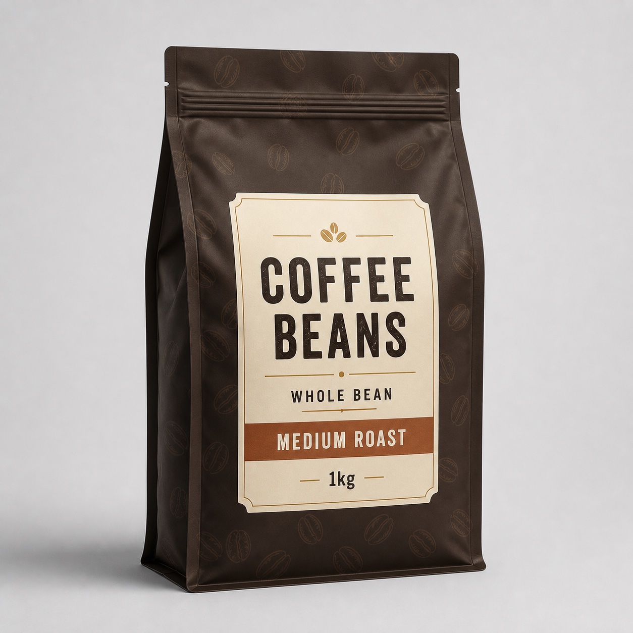 Dark brown side-gusset coffee beans pouch with retail label, whole bean print, medium roast cue, and 1kg fill weight