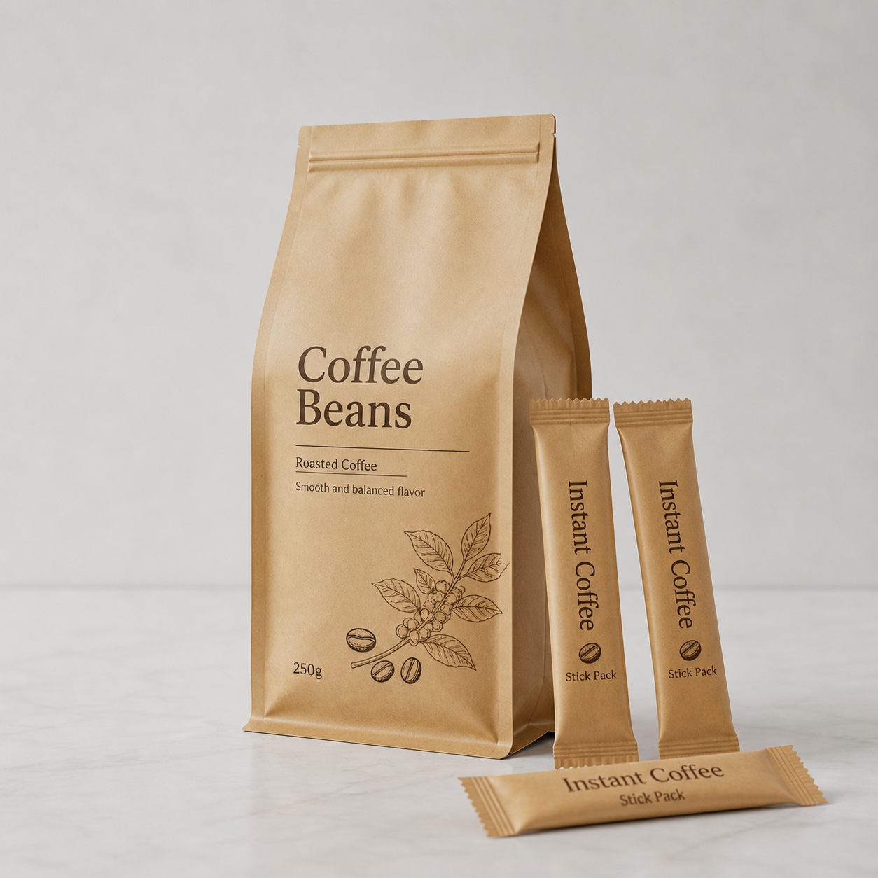 Generic coffee pouch with instant coffee stick packs for shelf display and packaging format review