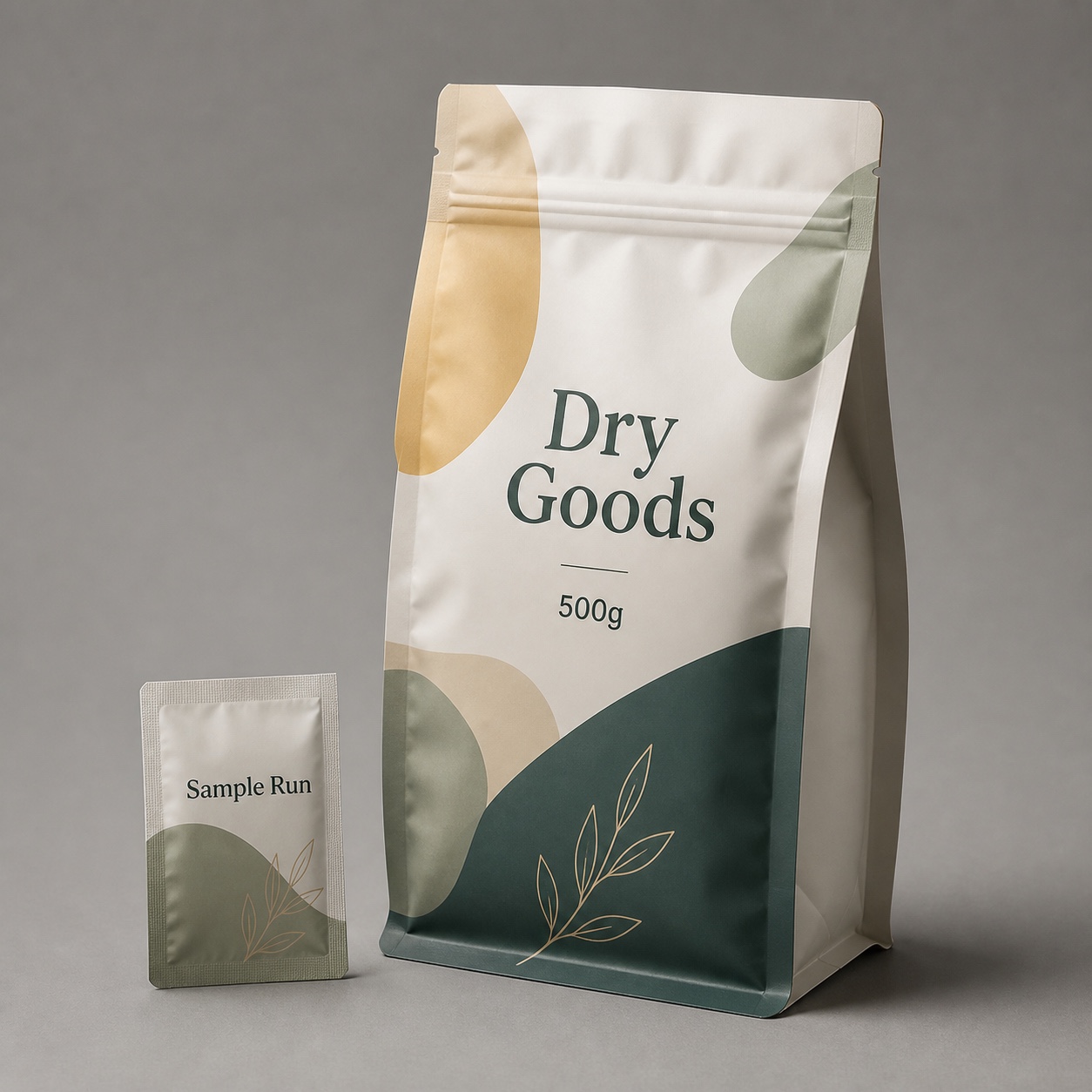Custom printed dry-goods pouch sample with smaller sample sachet for size and print proof review