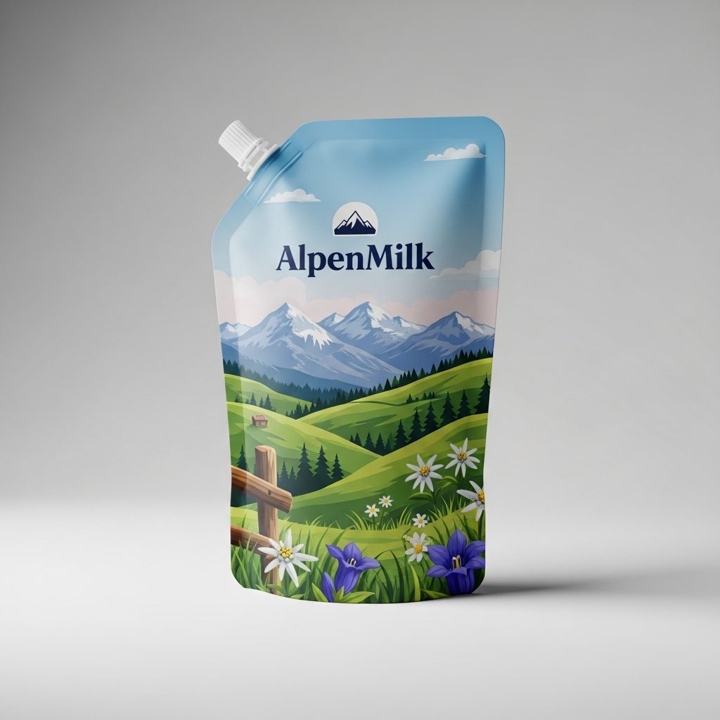 Printed dairy pouch reference for artwork and cap choice review