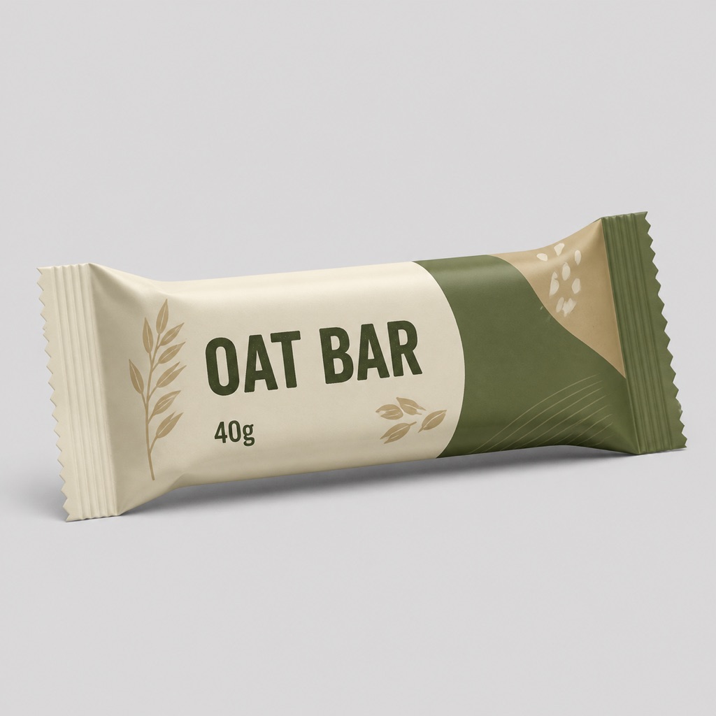 Oat bar fin-seal flow-wrap pack with crimped end seals and 40g generic label