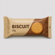 Biscuit fin-seal flow-wrap pack with registration eye mark and 25g generic label