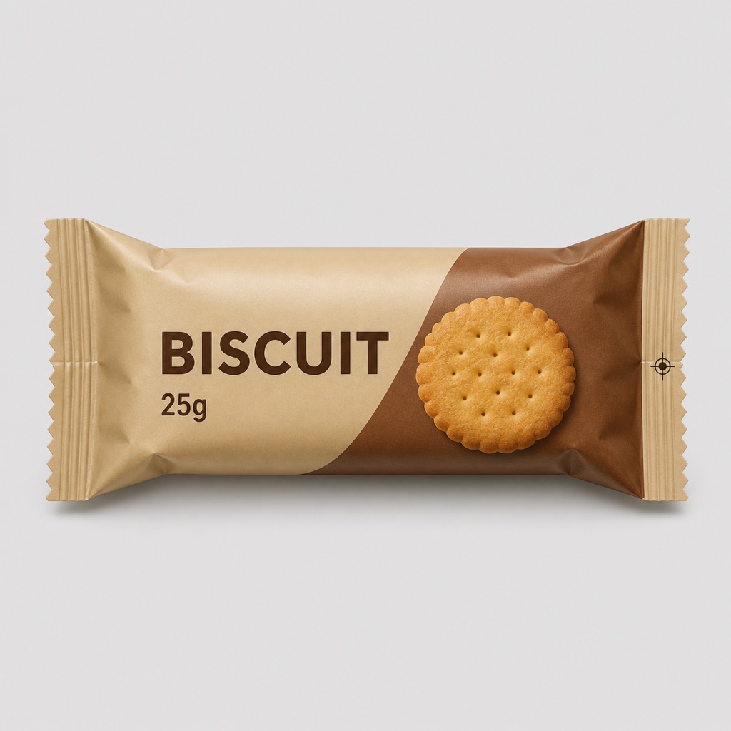 Biscuit fin-seal flow-wrap pack with registration eye mark and 25g generic label