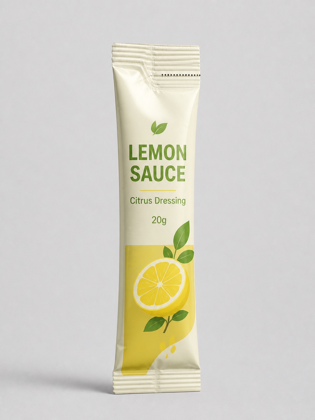 Lemon sauce fin-seal stick pack with dotted easy-tear line and 20g label