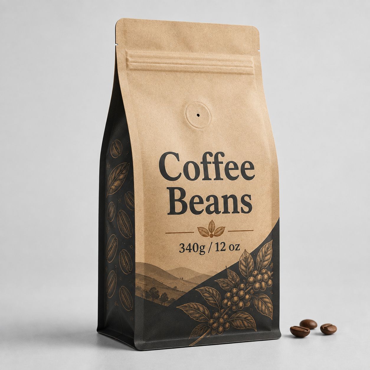 Kraft and charcoal flat-bottom coffee pouch with side gusset, box-bottom base, valve, and 340g / 12 oz label