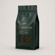 Flat-bottom loose tea pouch with window and generic Loose Tea 100g text