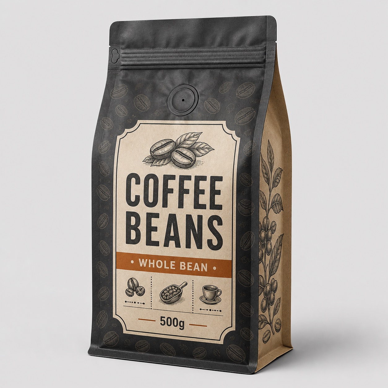 Charcoal and kraft flat-bottom coffee beans pouch with valve, zipper track, retail label, and 500g print