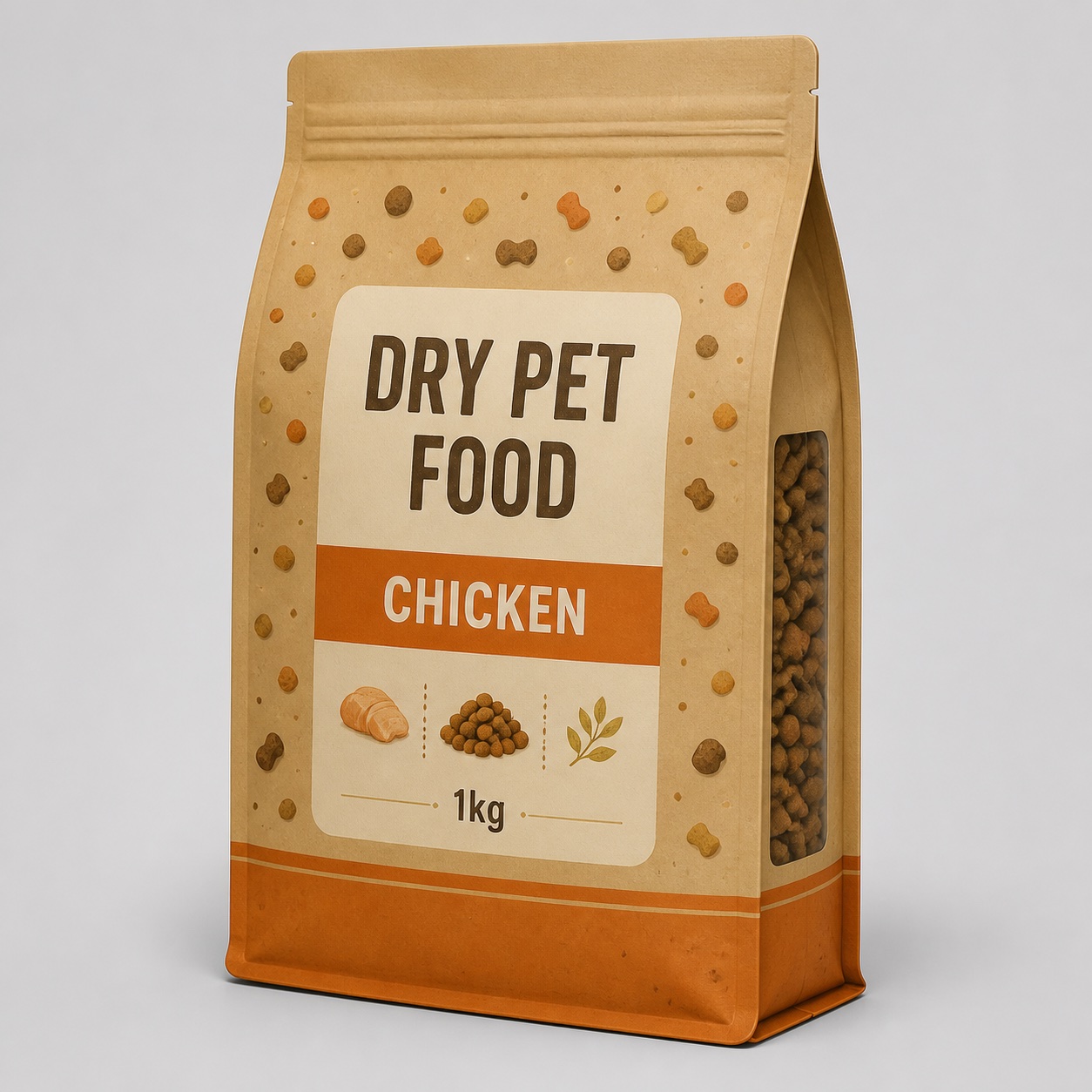 Tan flat-bottom dry pet food pouch with side kibble window, chicken flavor band, and 1kg retail label