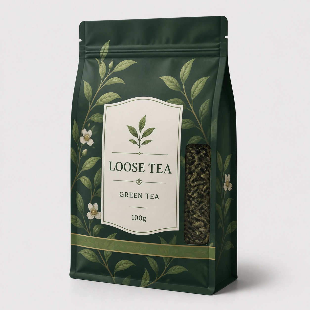 Deep green flat-bottom loose tea pouch with side window, botanical label design, and 100g print