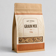 Kraft flat-bottom grain mix pouch with front window, broad box-bottom base, and 750g capacity label