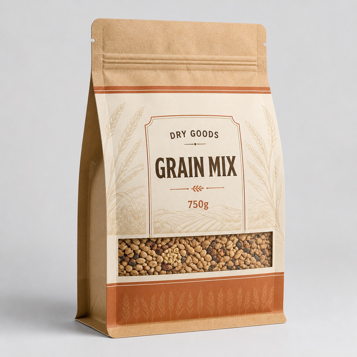 Kraft flat-bottom grain mix pouch with front window, broad box-bottom base, and 750g capacity label