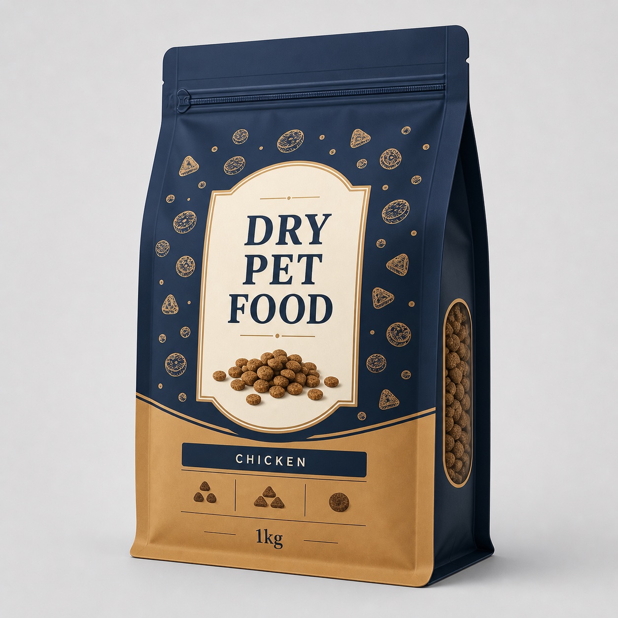 Navy and tan flat-bottom dry pet food pouch with side kibble window, chicken flavor band, and 1kg label