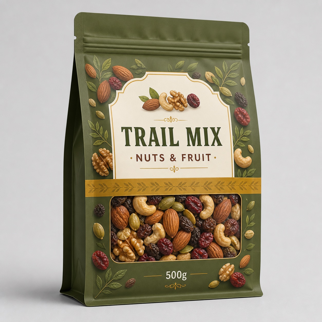 Olive flat-bottom trail mix pouch with front product window, nuts and fruit illustration, and 500g label