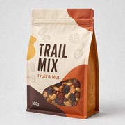 Printed flat bottom trail mix pouch with side gusset, zipper, clear window and 500g artwork