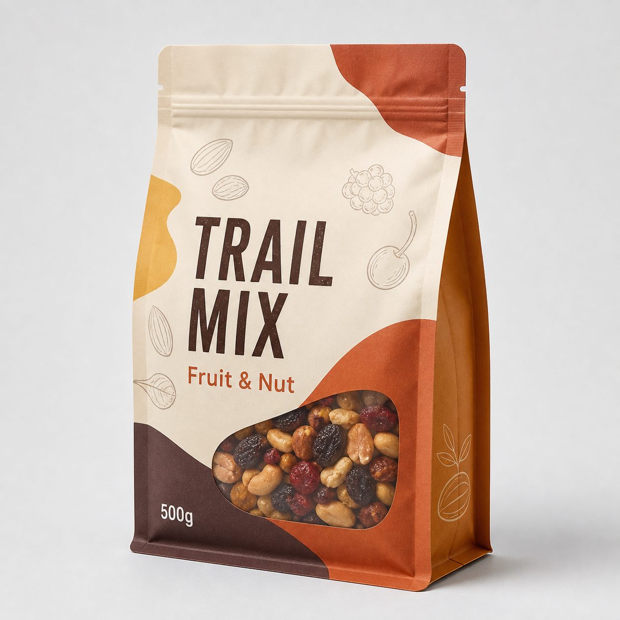 Printed flat bottom trail mix pouch with box-bottom base, side gusset panel, zipper track, clear window, and generic 500g artwork