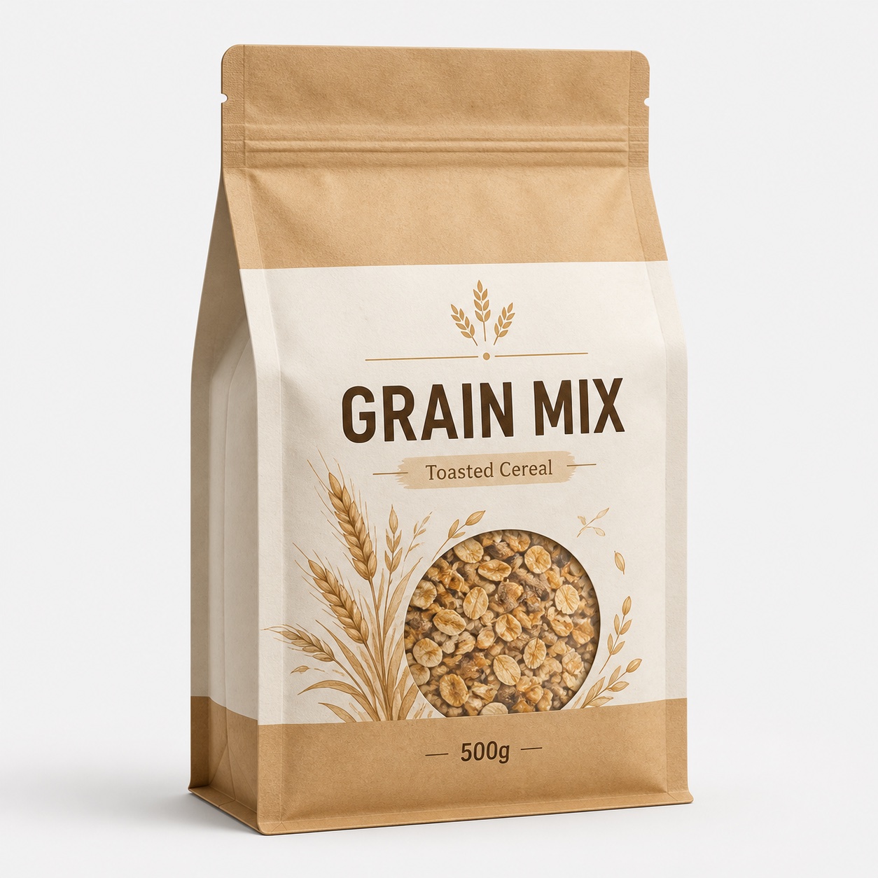 Kraft flat bottom dry cereal pouch with generic ancient grain label and 500g mark