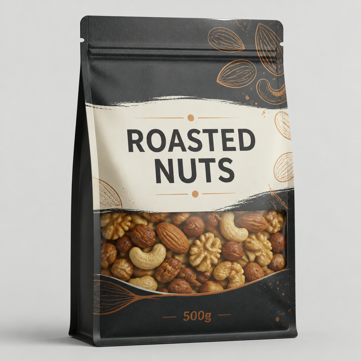 Printed flat bottom roasted nuts pouch with box base, side gusset, zipper track, clear window, and generic 500g print