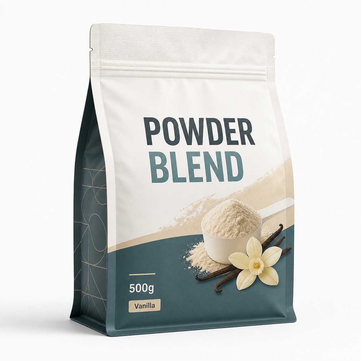 Flat bottom protein supplement pouch with resealable zipper and generic 1kg powder label