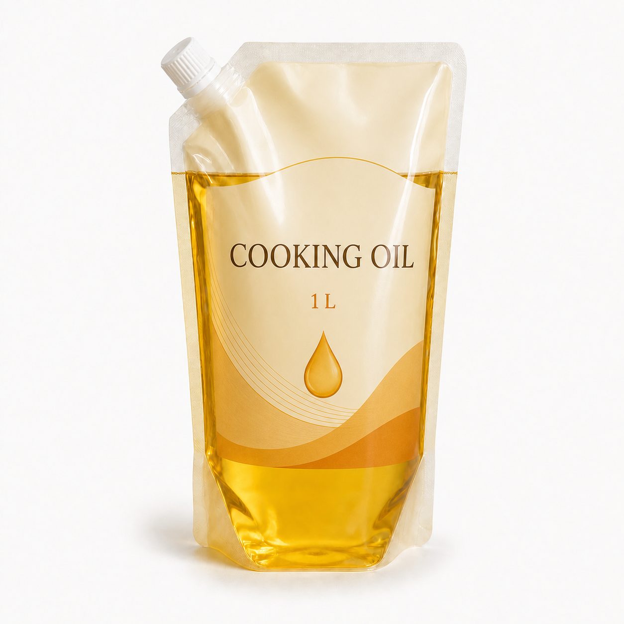 Filled 1 L cooking oil refill pouch with top-corner spout