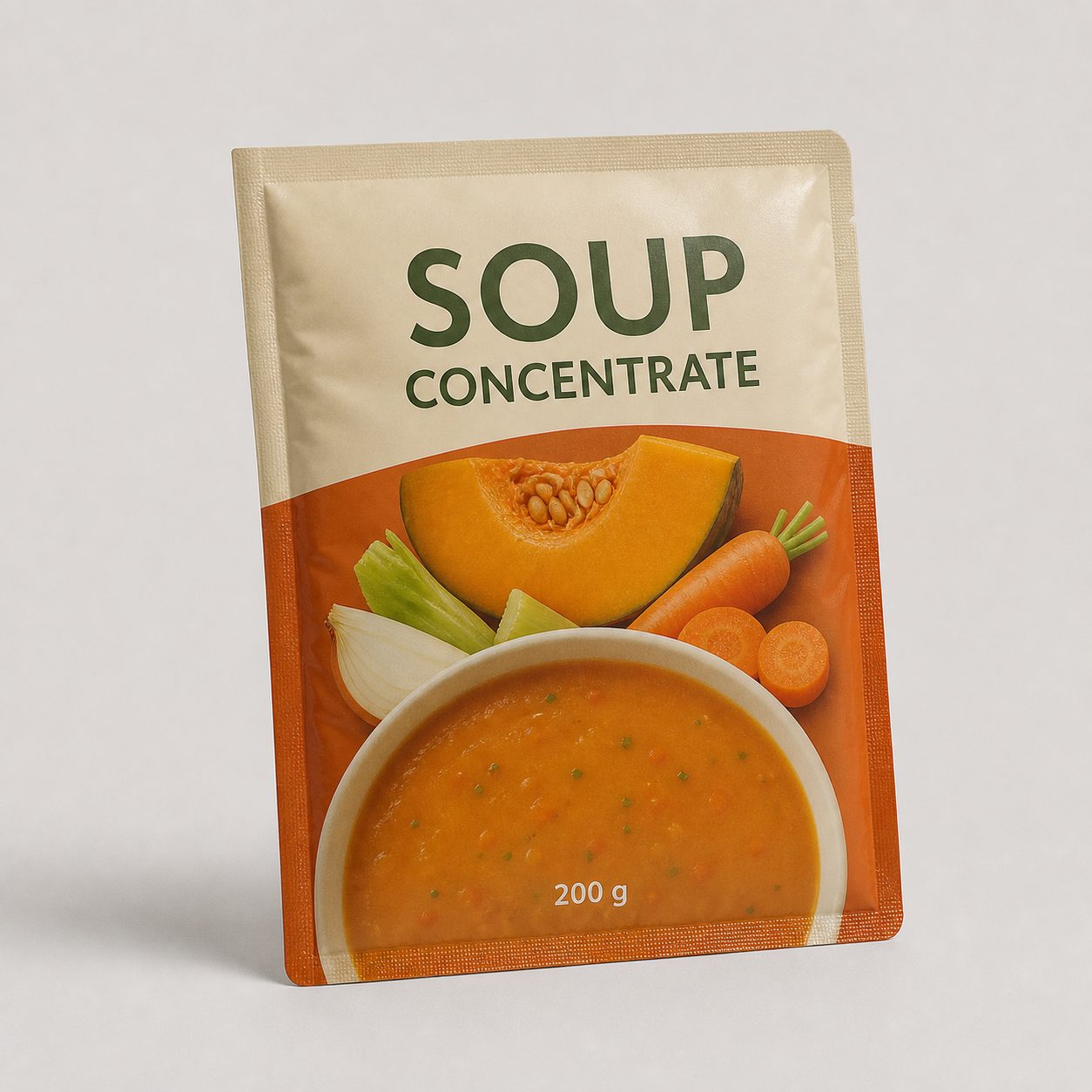 Flat soup concentrate retort pouch with three sealed edges