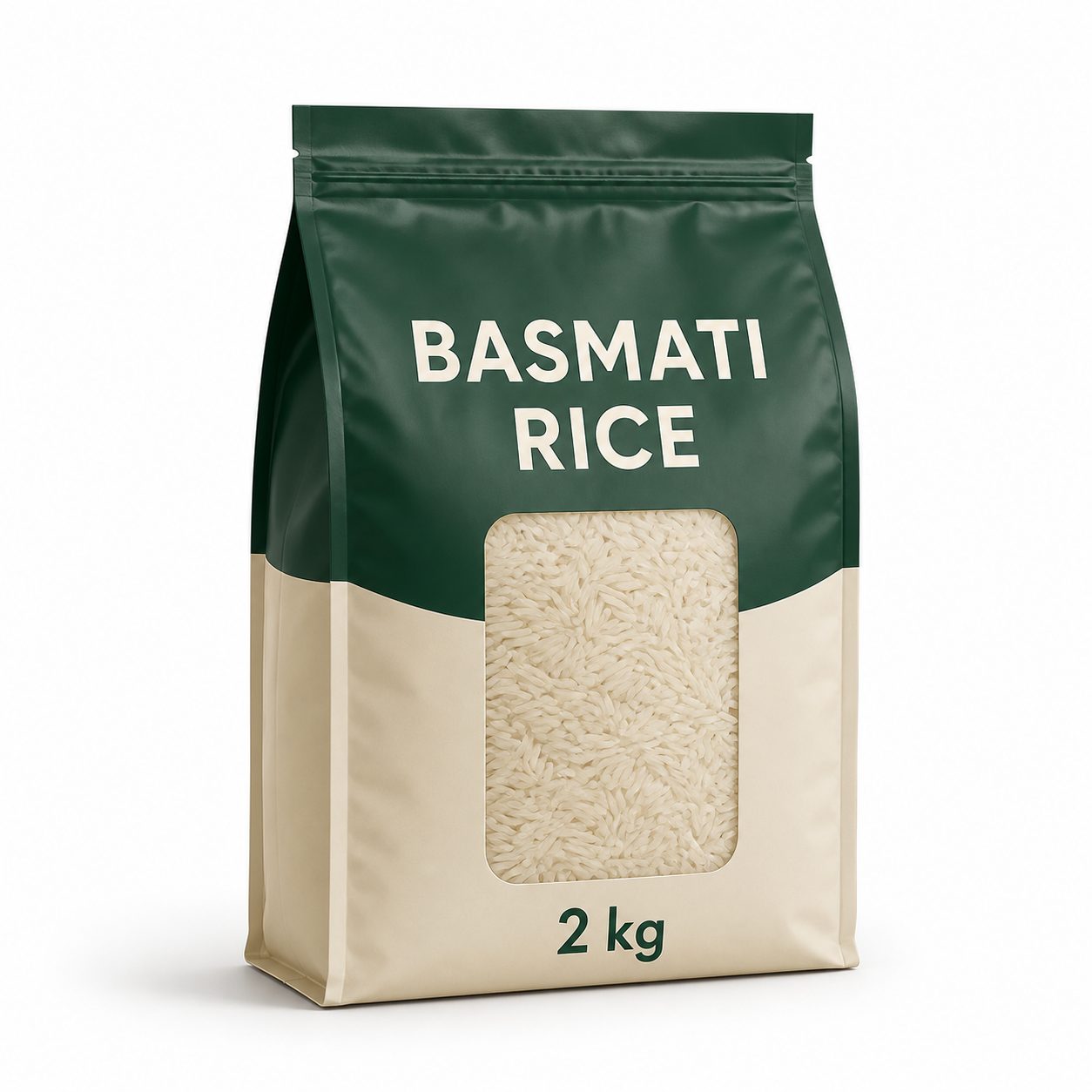 Basmati rice flat-bottom pouch with side gussets, zipper, and clear window