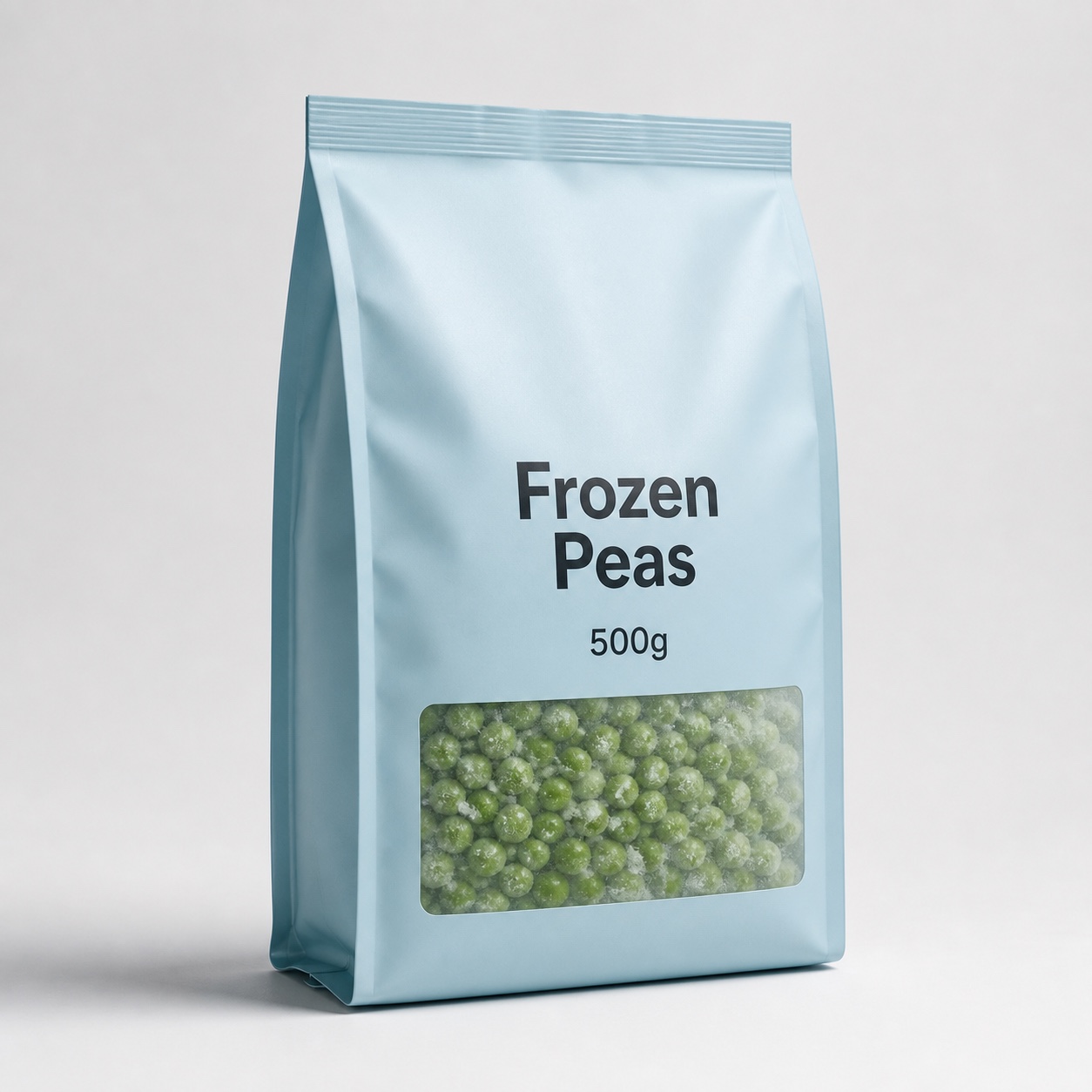Frozen peas freezer pouch with low-temperature seal and clear window for puncture planning