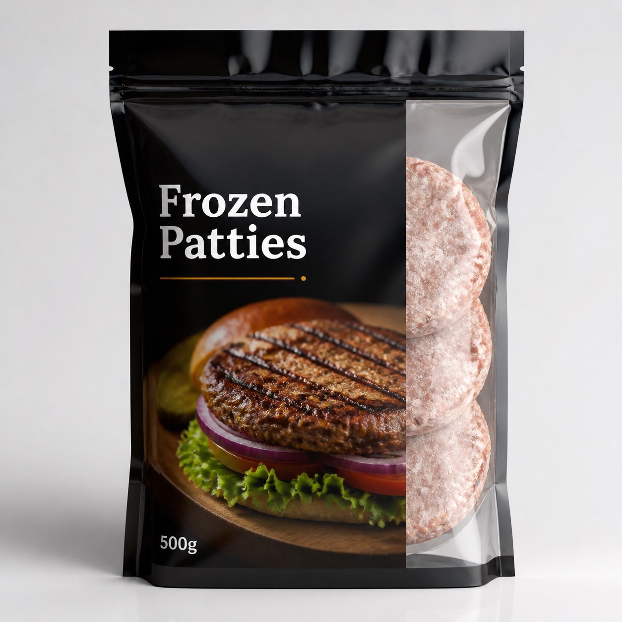 Frozen burger patty pouch with clear window and 500 g generic label