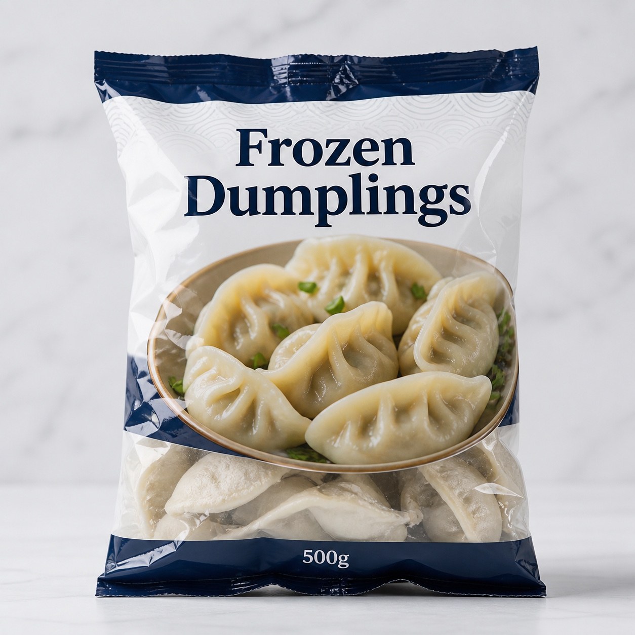 Frozen dumplings pillow bag with clear window and 500 g generic label