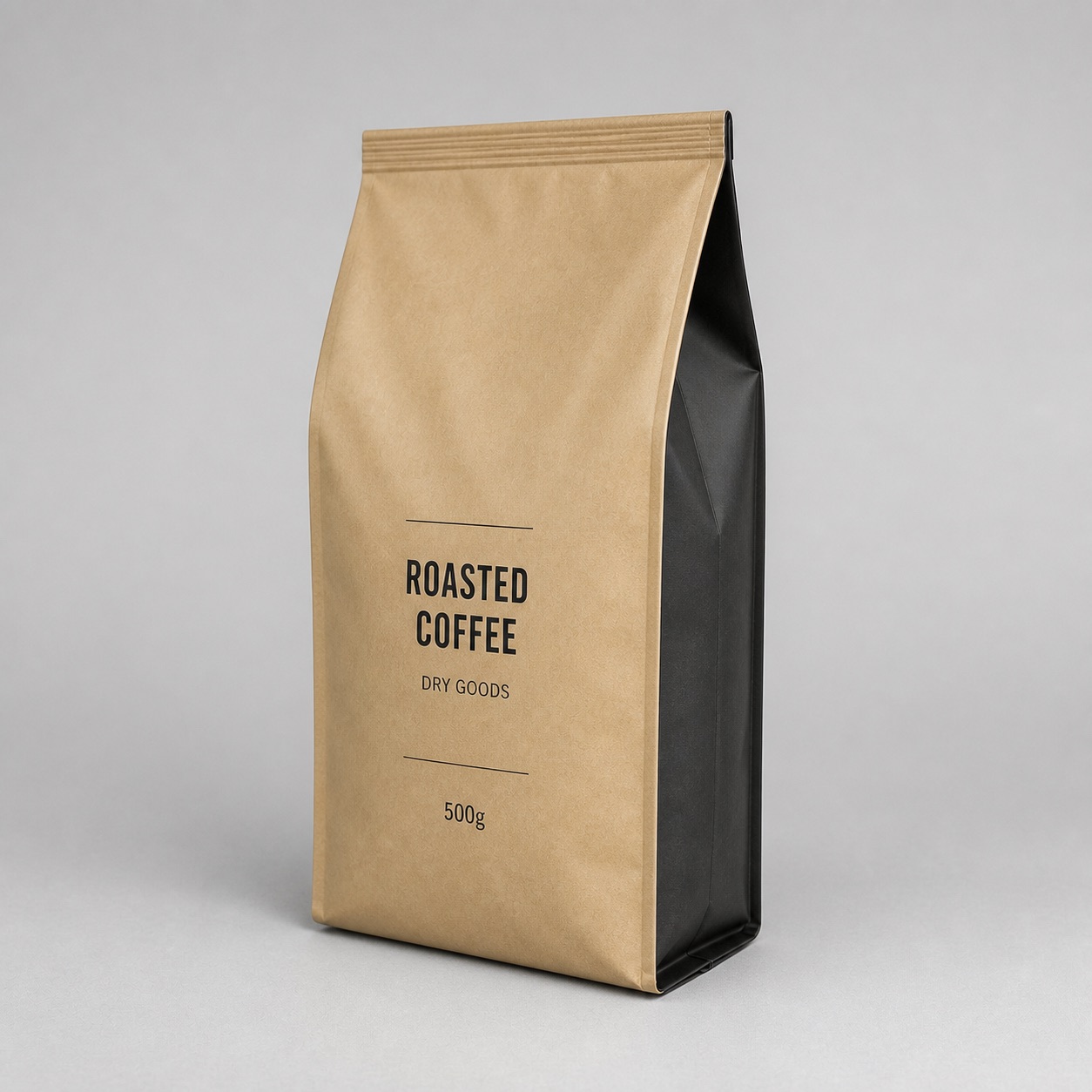Kraft side-gusset coffee bag showing folded side panel width for packaging review