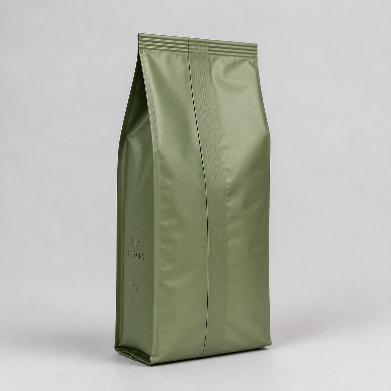 Back seal side-gusset bag with visible center fin seam and folded side panels