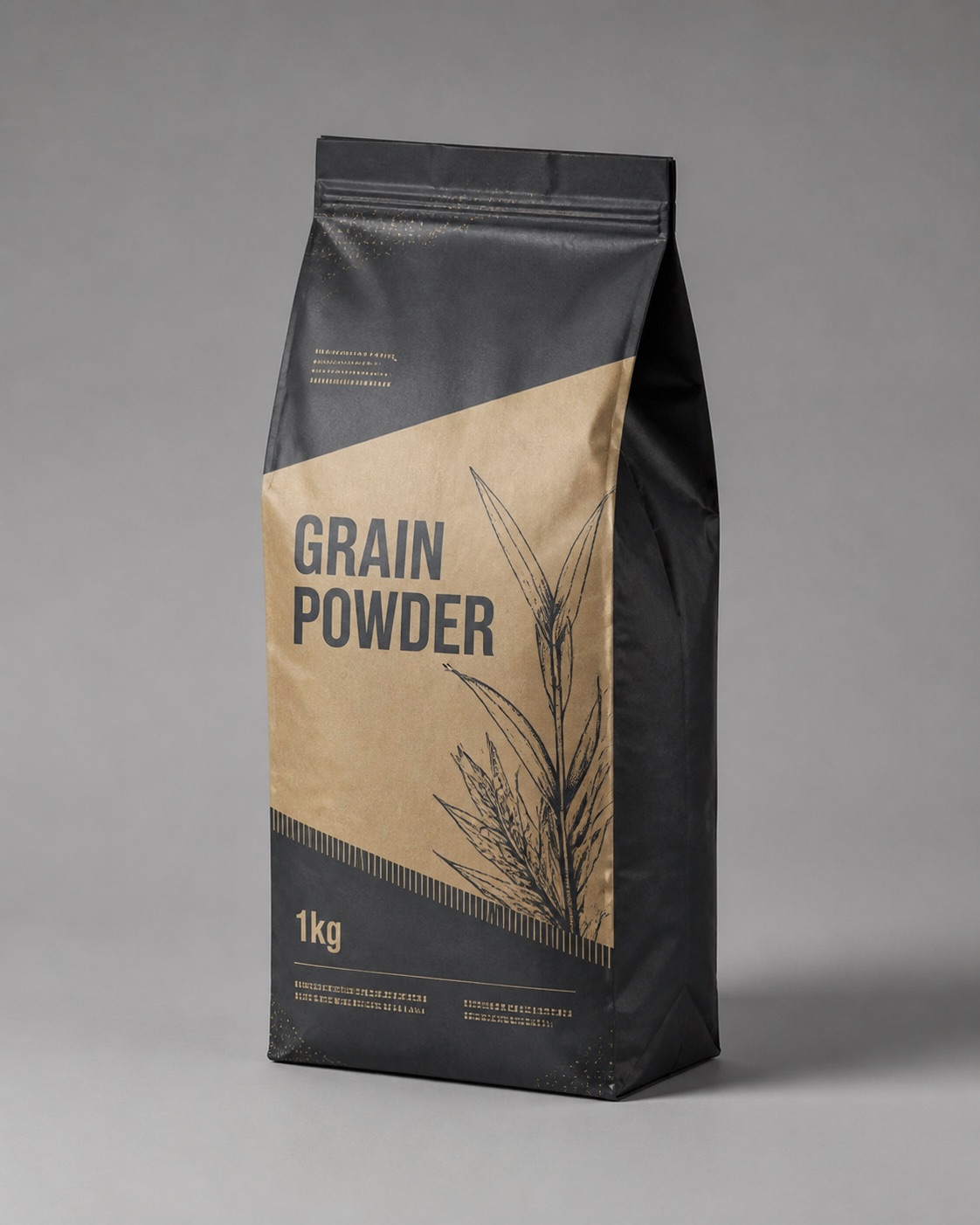 Side gusset grain powder bag with folded side panels and printed front label