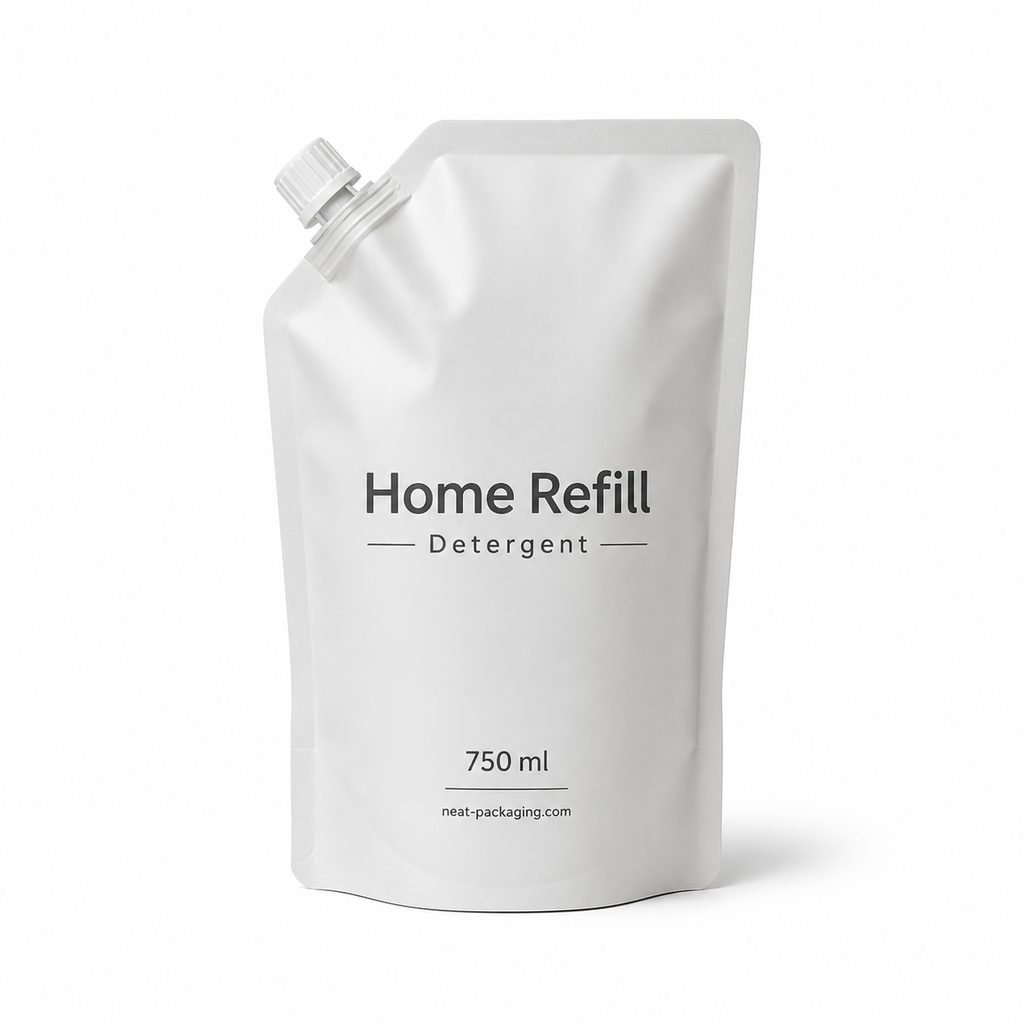 Home refill detergent pouch sample with corner cap for household packaging review